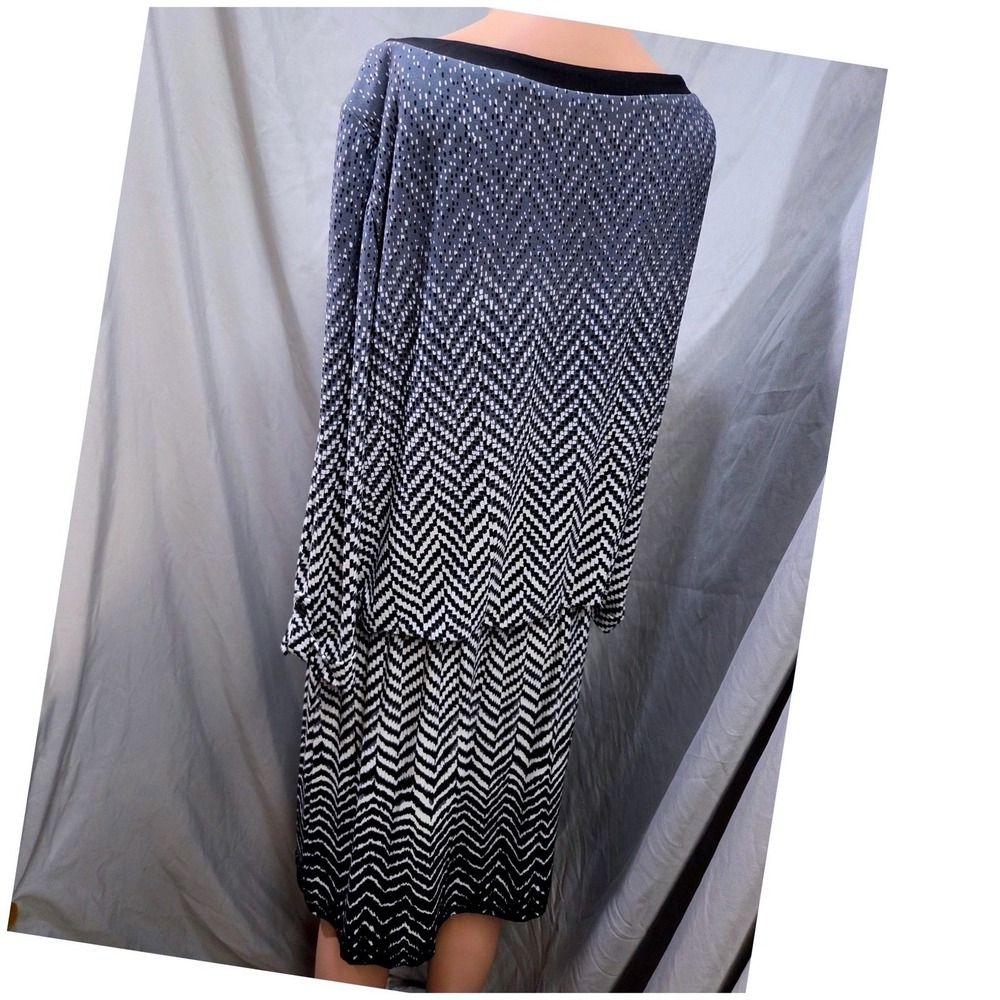 London Times Chevron Studded Blouson Dress Women 14 Blue Black‎ Geometric